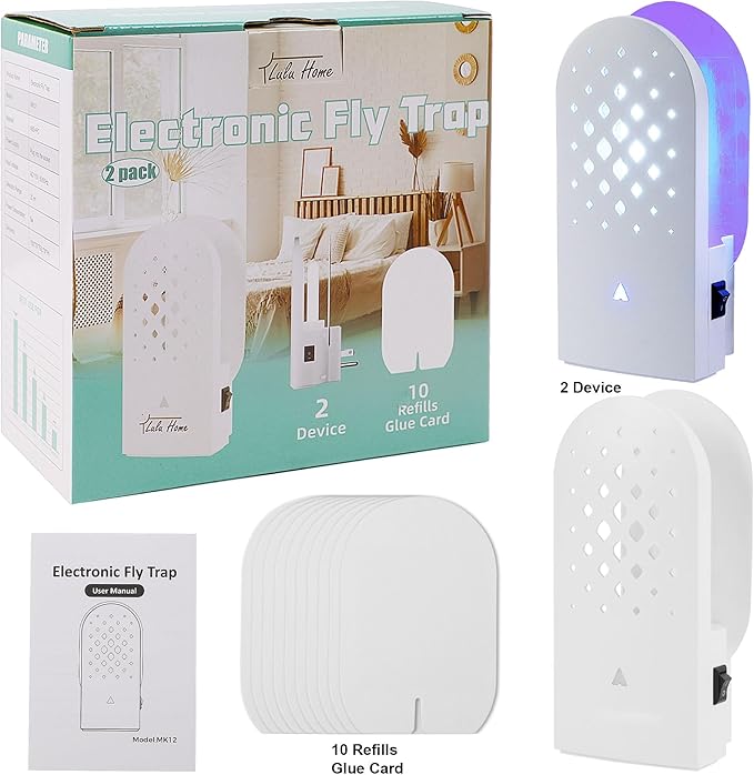 Lulu Home Indoor Flying Insect Trap, 2 Packs Plug-in Bug Light Catcher with 10 Reversible Sticky Pads, 365nm Wavelength Attracting Mosquitos, Moths, Fruit Flies, Gnats and More for Home & Office
