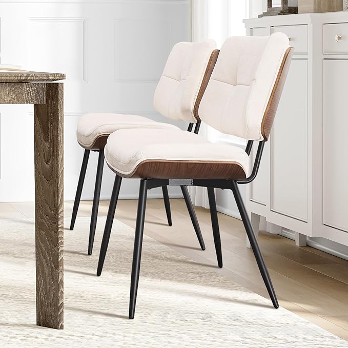 Dining Chairs Set of 6,Mid Century Modern Kitchen Chairs with Walnut Bentwood Back and Metal Legs,Upholstered Fabric Dining Room Chairs for Kitchen, Living Room,Beige