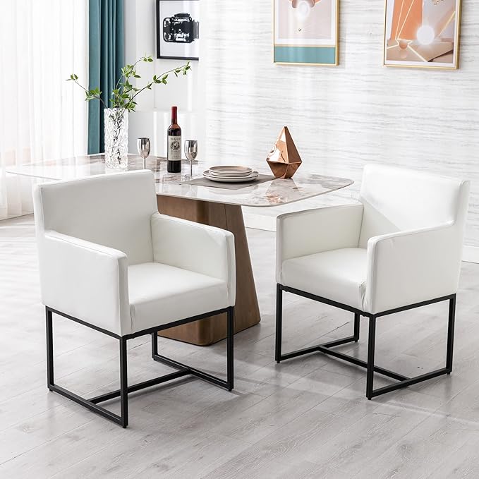 Set of 6 Upholstered Dining Chairs with Armrest, PU Leather Modern Accent Armchairs, Kitchen & Dining Room Chairs Side Chairs, White