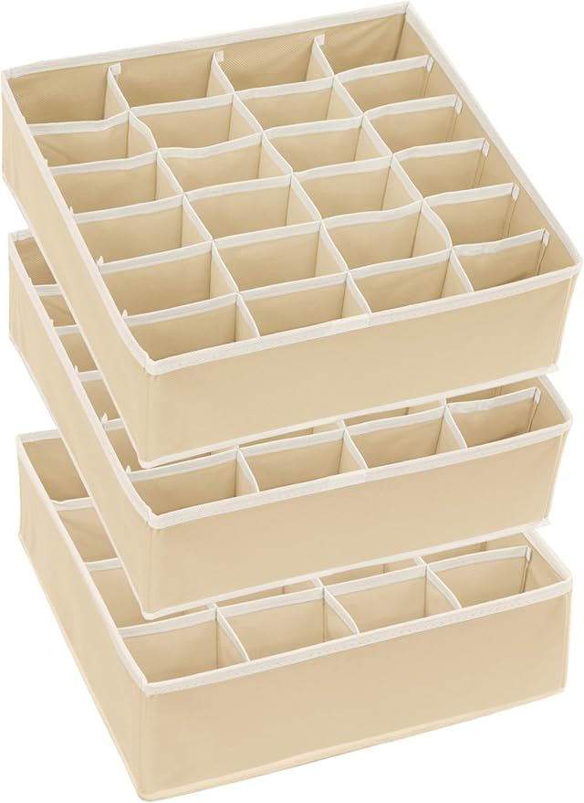 Simple Houseware Sock Drawer Organizer for Dresser/Closet/Bedroom, 3 Pack, Beige