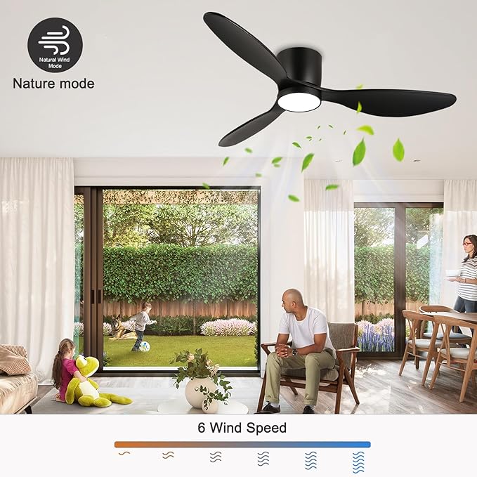 reiga 52 Inch Wood Black Modern Flush Mount Indoor Ceiling Fan with Light and Remote, 3 Propeller Blade, Quiet DC Motor for Bedroom Living Room