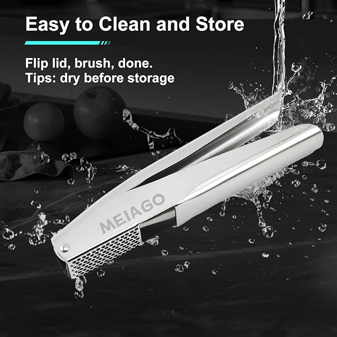 MEIAGO Garlic Press, Stainless Steel Garlic & Ginger Crusher, with Built-In Cleaner, Rust Resistant, No Peel, Large Capacity, Easy Clean,Dishwasher Safe,Silver