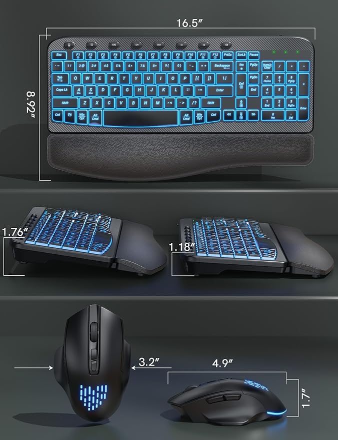 SABLUTE Ergonomic Wireless Keyboard and Mouse Combo - Wave Keyboard with Soft Leather Wrist Rest, Resistant Keys, RGB Backlit Rechargeable Set for PC/Mac/Chromebook (Black)
