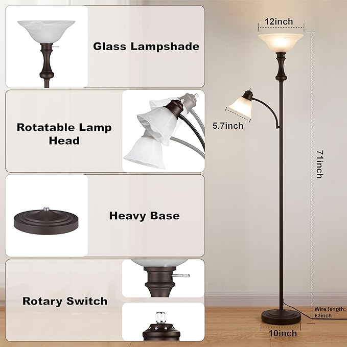 71'' Torchiere Floor Lamp for Bedroom with Glass Shade, Tall Floor Lamps for Living Room with Adjustable Angle Arc Reading Light, Modern Standing Light, Knob Switch, Bulb Included, Red Brown