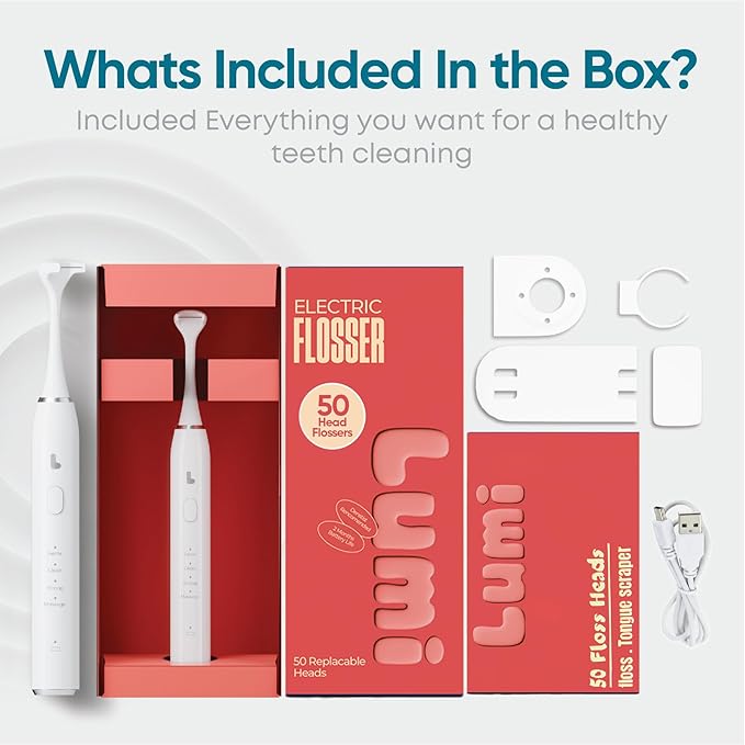Lumi Electric Flosser | 2 in 1 Electric Flosser for Adults w/ 4 Speeds + 50 Replacement Heads - Dentist Recommended | Easy Glide Flossing for Gentle Gum Care, Tongue Scraper, Water Alternative flosser