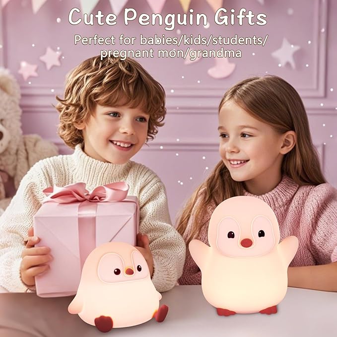 Pink Penguin Night Light,Soft Silicone Nursery Nightlight for Baby,LED Squishy Novelty Animal Bedside Lamp,Rechargeable/Dimmable/Timer,Room Decor, Cute Xmas Gifts for Kids/Girls/ Mom/ Grandma/ Teens