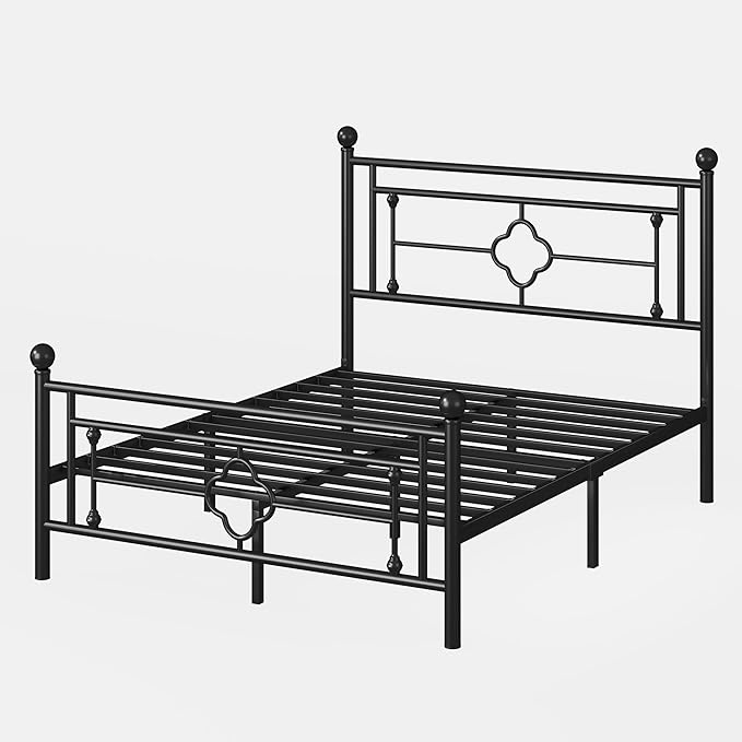 SHA CERLIN 14 Inches Queen Size Metal Platform Bed Frame/Vintage Iron-Art Headboard and Footboard/Mattress Foundation for Storage/No Box Spring Needed/Noise-Free/Easy Assembly/Black