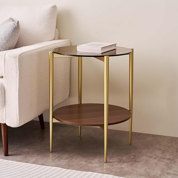 Round Glass End Table, Mid-Century Modern Design Sofa Table for Living Room, D18 x H23, 2-Tier Structure, Amber Glass Top and Walnut Shelf, Sleek Conical Legs with Gold Finish Frame