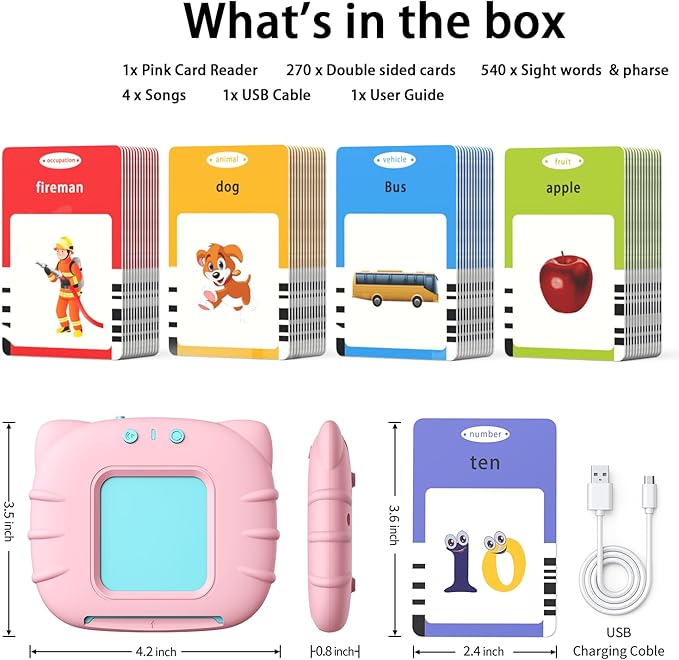 Kidzdo Educational Learning Toys for Toddlers, 540 Sight Words Talking Flash Cards with Music, Montessori Pocket Speech Therapy Toys, Teaching/Birthday Gifts for Ages 2 3 4 5 Years Old Girls (Pink)