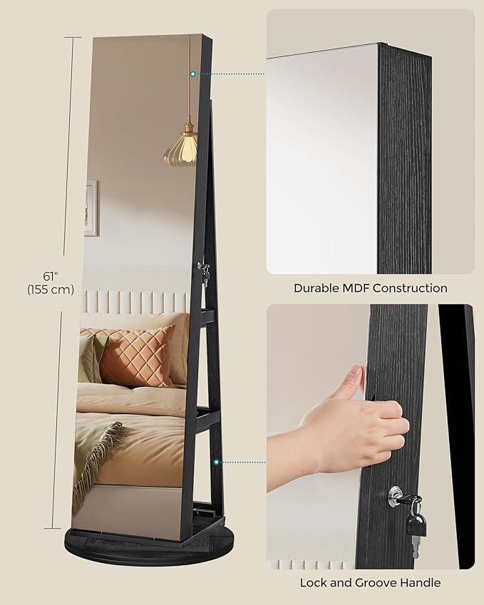 SONGMICS 6 LEDs Lockable Mirror Jewelry Cabinet, 360° Swivel Jewelry Organizer Armoire Standing, Frameless Full-Length Mirror, 3 Storage Shelves, Black Surface, Black Lining UJJC007B01