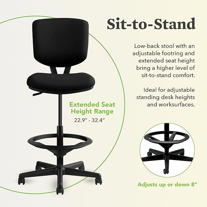 HON Volt Standing Desk Chair, Fabric Home Office Chair with Foot Rest, Armless, Ergonomic Recline and Center Tilt, for Computers, Offices, Work, Black
