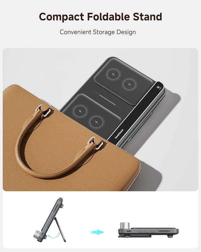 Dual Phone Foldable Wireless Charging Station for iPhone Galaxy Pixel | Dual phone charging Foldable portable stand Dimmable clock Case friendly Raised charging area flat mode for earbuds 504