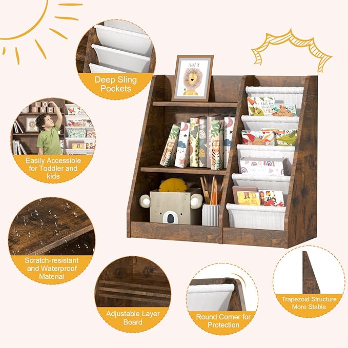 Kids Bookshelf for Bedroom Toddler Children Baby Bookcase 3-Tier for Nursery Book Toy Storage Organizer 4 Sling Adjustable Display Shelf Book Rack Wood Classroom Playroom Rustic Brown