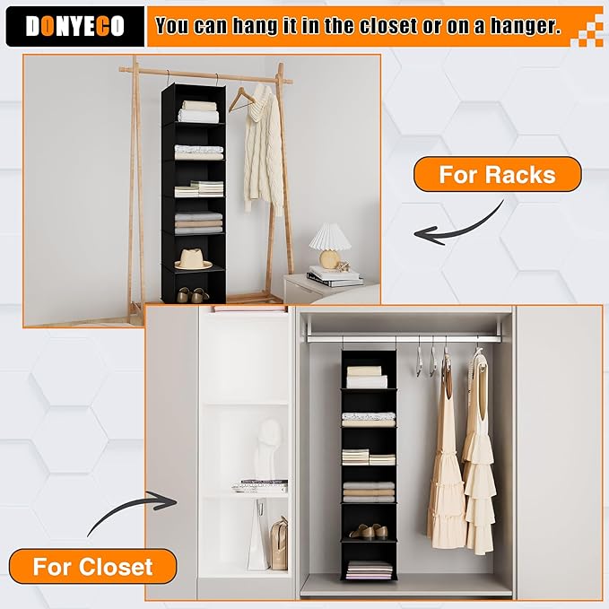Hanging Closet Organizer and Storage 6-Shelf, Easy Mount Foldable Hanging Closet Wardrobe Shelves, Clothes Handbag Shoes Accessories Storage, Washable Oxford Cloth Fabric, Black