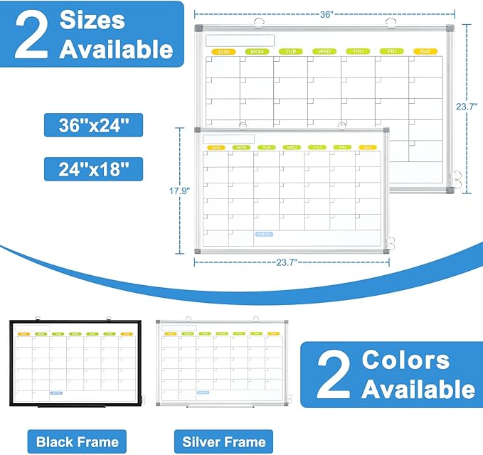 Dry Erase Calendar Whiteboard for Wall, WALGLASS 36" x 24" Magnetic White Board, Monthly Dry Erase Calendar with Silver Aluminum Frame, Double-Sided Hanging Portable Board for Office, Home, School