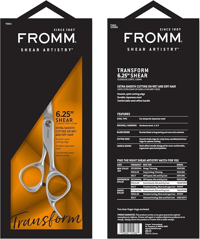 Fromm Professional Transform 6.25" Extra Smooth Hair Cutting Shears on Wet & Dry Hair in Matte Silver Japanese Steel Scissors with Beveled Blade for Experienced & Expert Stylists