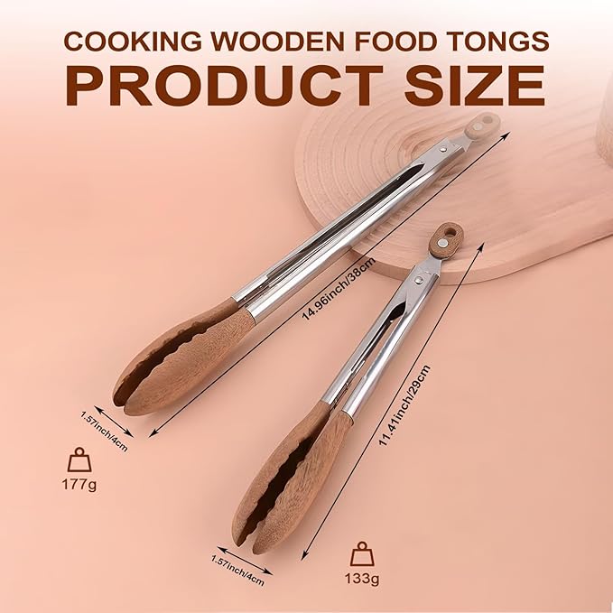 Wshxjzyay 2 Pack Walnut Wooden Tongs For Cooking, 12 & 9 Inch Kitchen Salad Utensils Tongs with Hanging Hole and Wooden Tips, Stainless Steel Kitchen Barbecue Food Suitable for Salad