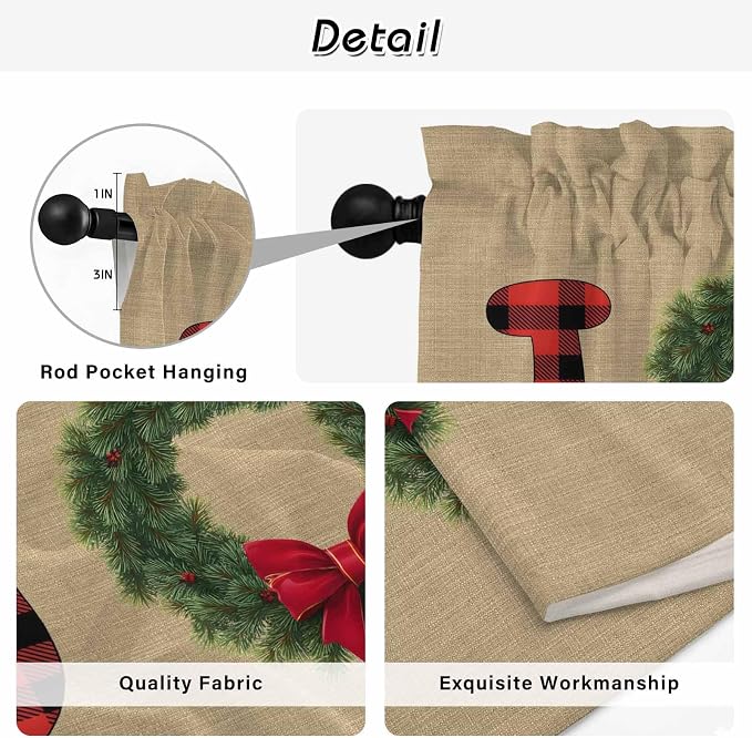 Red Green Christmas Kitchen Tier Curtains 45 Inch Long 2 Panel Set, Rod Pocket