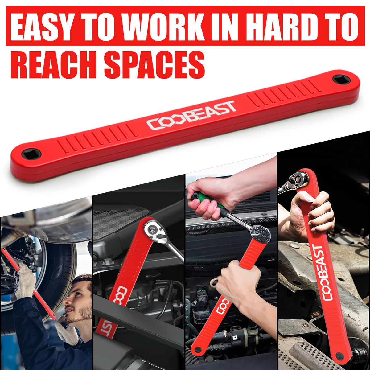 coobeast Red Offset Extension Wrench Impact Ready Socket Wrench Extender Tool with Versatile 1/4", 3/8", and 1/2" Square Drive Adapters, Universal Extensions Wrench for Small Place
