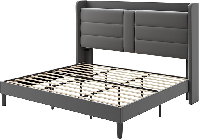 SHA CERLIN King Size Bed Frame with Charging Station & Storage Headboard, Velvet Platform Bed with Upholstered Modern Wingback Design, Wooden Slats Support, No Box Spring Needed, Easy Assembly, Grey