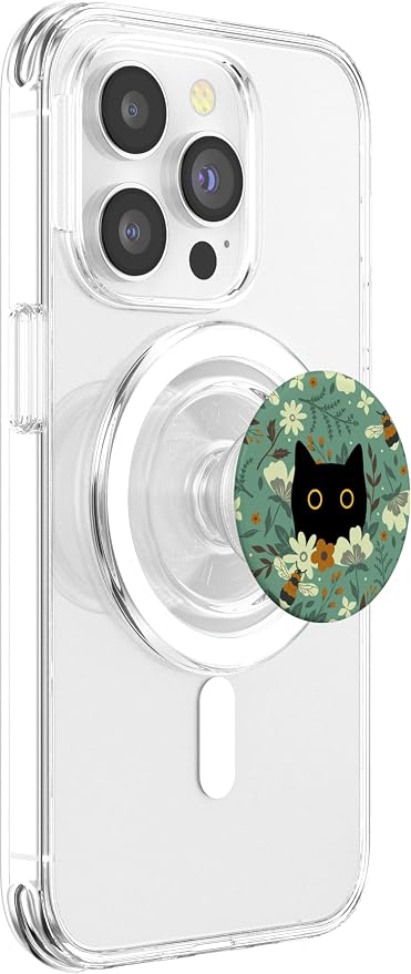 Black Cat Hiding in Garden Flowers with Bees Cute Floral PopSockets PopWallet for MagSafe