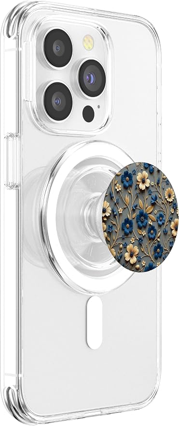 Beige and Blue Floral Print with Leaves Design PopSockets Adhesive PopGrip