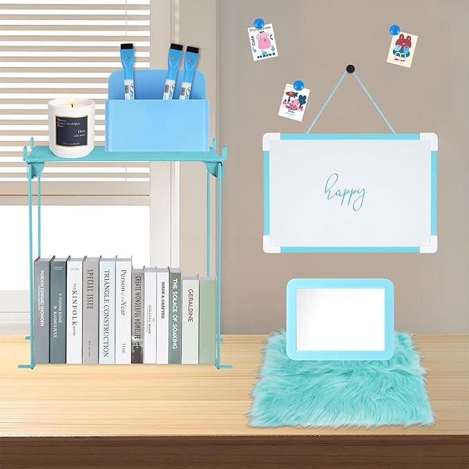 12 Pcs Locker Organizer and Decorating Kit, First Day of School Essentials for Girl Marble Print Whiteboard with Markers Locker Shelf Plush Area Rug String Light Mirror Magnetic Cup and Magnet (Blue)