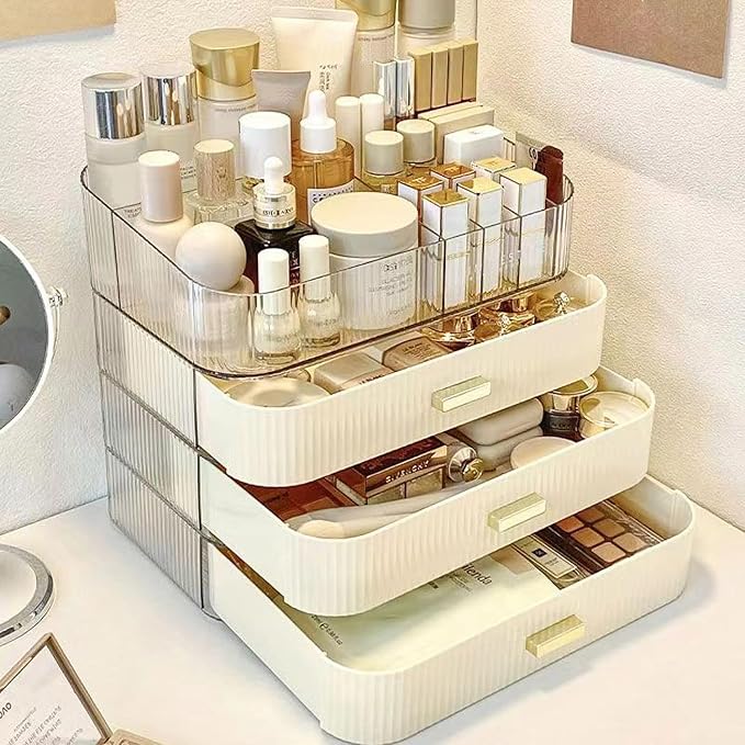 MIUOPUR Makeup Organizer with Stackable Drawers, Bathroom Vanity Organizers and Storage, Ideal for Desk and Dresser Countertops, Great for Cosmetics, skincare, Lipsticks, Nail Care -Cream