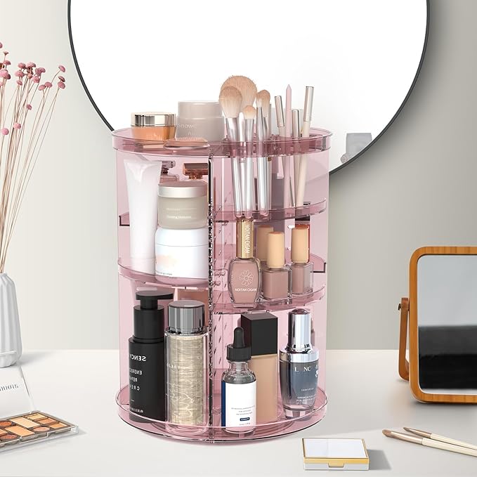 Rotating Makeup Organizer, DIY 8 Adjustable Layers 360 Spinning Skincare Organizers, Makeup Storage Carousel Tower with Brush Holder & Perfume Trays, Cosmetic Display Case for Vanity Bathroom