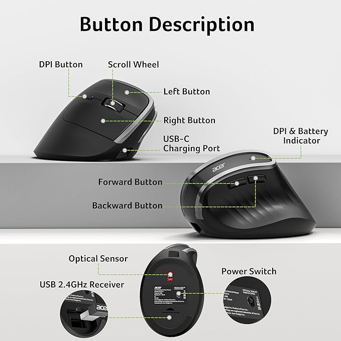 acer Ergonomic Mouse Wireless, Vertical Computer Mouse for Office, Ergo Mice Rechargeable for Medium to Large Sized Hands, 2.4GHz USB Receiver, 800/1200/1600 DPI, 6 Buttons for Laptop, PC and Desktop