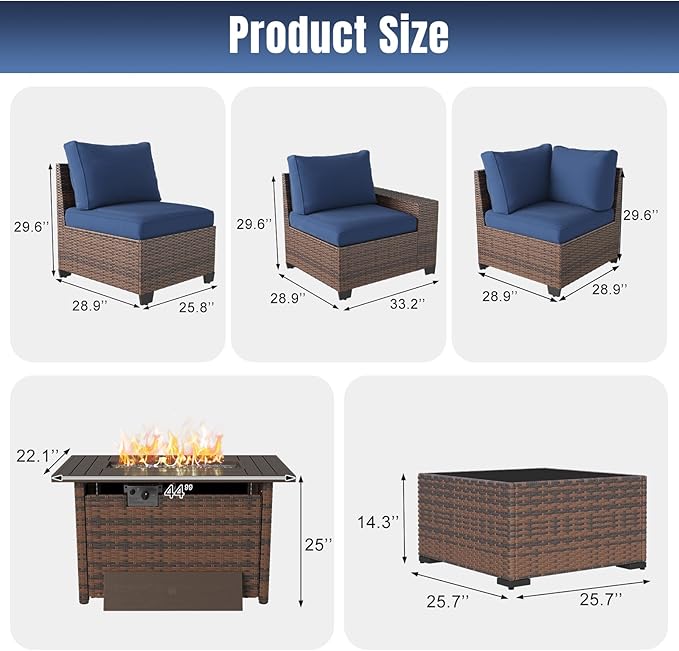Aoxun 7 Pieces Patio Furniture Set with 44” Fire Pit Table Wicker Rattan Outdoor Sectional Conversation Set with Coffee Table and 4” Thickened Cushions, Blue(Waterproof Cover Included)