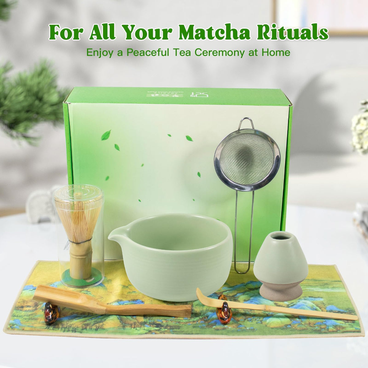 Matcha Whisk Set, 9PCS Ceramic Matcha Tea Set Includes Bowl, Whisk and Holder, Bamboo Scoop, Scoop Rest, Sifter and Tea Towel for Traditional Matcha Ceremony Matcha Lovers