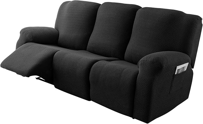 Genina Recliner Sofa Covers - Stretch Reclining Couch Covers with Stripe Jacquard - 3 Seat Cushion Slipcovers with Soft Fabric - Furniture Protector for Pet Kid (Black)