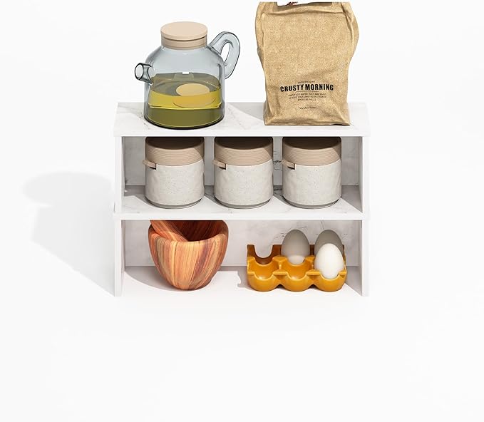 Furinno Helena Kitchen Countertop Organizer Set of 2, 18-Inch Kitchen Counter Shelves, Stackable Organizer Shelf, Spice Rack for Pantry, Coffee Bar, Light Marble