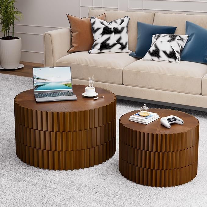 Round Nesting Coffee Table Set of 2 Walnut Round Drum Fluted Coffee Tables for Small Space Modern Stacking Nesting Tables Minimalist Circle Center Table 2 Piece for Living Room (Walnut)