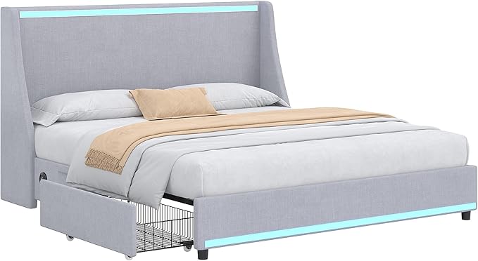 VECELO Full Size Bed Frame with Storage Drawers, Upholstered Platform Bedframe with Wingback Headboard, No Box Spring Needed, Light Grey