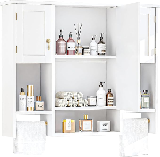 VECELO Bathroom Wall Cabinet with Mirror, Wall Mounted Medicine Cabinet with Open Shelves, 2 Towels Bars for Bathroom Laundry Room Kitchen, 35.04 * 7.09 Inches, Gold