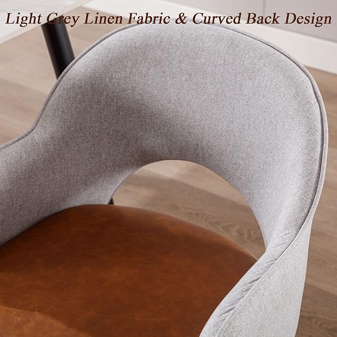 DUOMAY Modern Swivel Dining Chairs Set of 2, Linen & Faux Leather Upholstered Accent Side Chair, Home Office Desk Chair with No Wheels for Dining Room Living Room Office, Light Grey