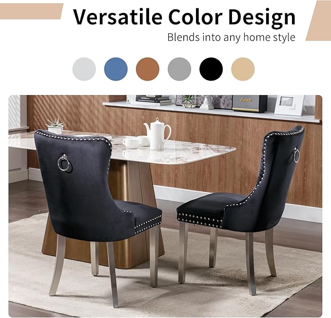 Luxury Upholstered Dining Chairs Set of 8, Black Kitchen Chair with Silver Metal Legs, Velvet Tufted Back Dining Chair, Sillas de Comedor, Modern Kitchen & Dining Room Chairs (Black, 8 Pcs)