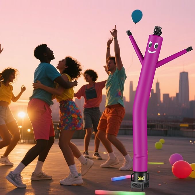 7FT Air Inflatable Waving Tube Man Set with Blower & Wheel, Air Puppet Dance Artist for Mall Opening, Amusement Park, Outdoor Decoration,Purple