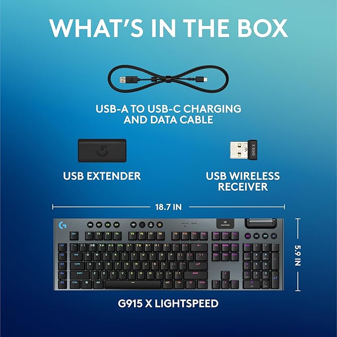 Logitech G915 X Lightspeed Low-Profile Wireless Gaming Keyboard, Double-Shot PBT Keycaps, Fully Programmable Keys, RGB Backlighting, Sleek Aluminum Finishing, GL Red Linear Switches - PC/Mac - Black