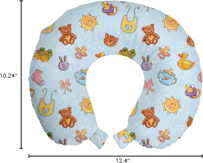 Ambesonne Cartoon Travel Pillow Neck Rest, Sun Teddy Bear Ribbon Feeder Pacifier Chick Kitty Cat Design, Memory Foam Traveling Accessory for Airplane and Car, 12", Pale Blue Cinnamon