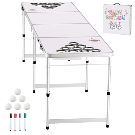 8 Foot Portable Beer Pong Table, Folding Tailgate Table, Cup Holes, Dry Erase Markers and Carrying Handles, Adjustable Height, Lightweight Table for Office, Tailgate Party & Camping, White