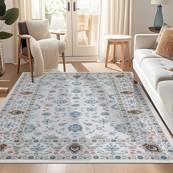 WILLSUN Washable Area Rugs, 5x7 Non-Slip Boho Large Area Rugs for Living Room, Bedroom, Machine Washable Vintage Rug, Indoor Floral Print Carpet for Home Decor, Kid & Pet Friendly Mat