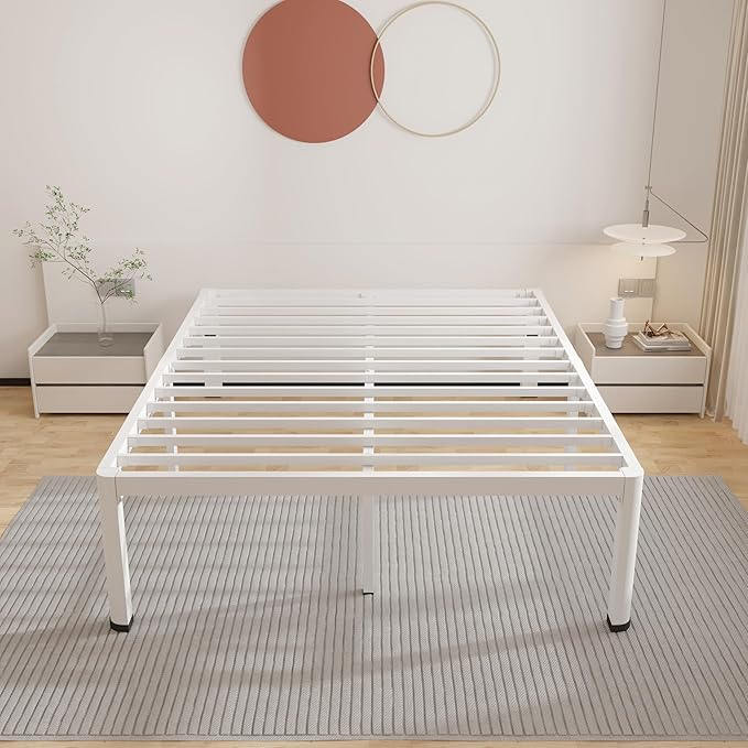 ROIL 14 Inch White King Bed Frame with Rounded Corner and Headboard Hole Mattress Retainers 3500LBS Heavy Duty Steel Slats No Box Spring Needed Platform Noise-Free Easy Assembly