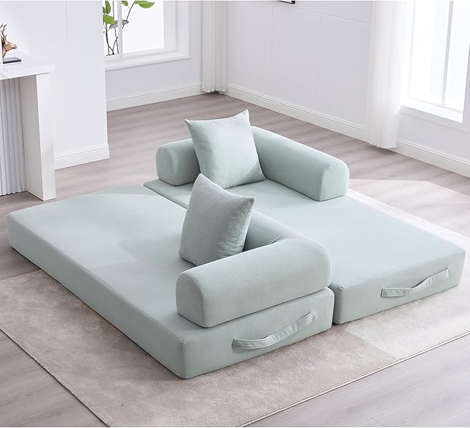 Convertible Sleeper Sofa Bed, Folding Floor Sofa Bed with Fixed-Shape Frame, Corduroy Floor Sleeper Sofa with Storage Pocket, Futon Boneless Sofa Couch for Living Room, Mint Blue