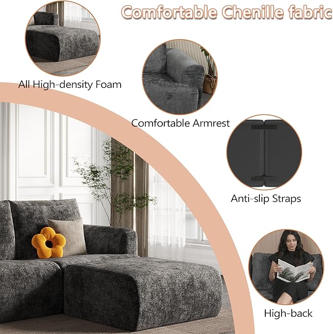 EASE MOOSE Cloud Couch Sectional Sofa, Large L-Shaped Oversized Modular Couch for Living Room, Minimalist Boneless Convertible Couches with Ottoman, 5-Seat Deep Sofa for Bedroom, Chenille (Dark Grey)