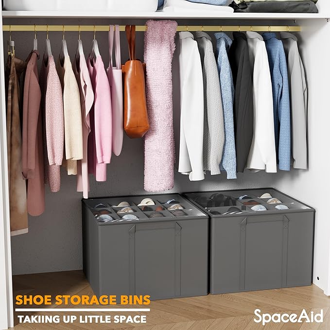 SpaceAid Shoe Organizer for Closet, 2 Pack Foldable Shoe Storage Containers Baskets Boxes Bins w/Adjustable Dividers, Fits 16-32 Pairs, Grey