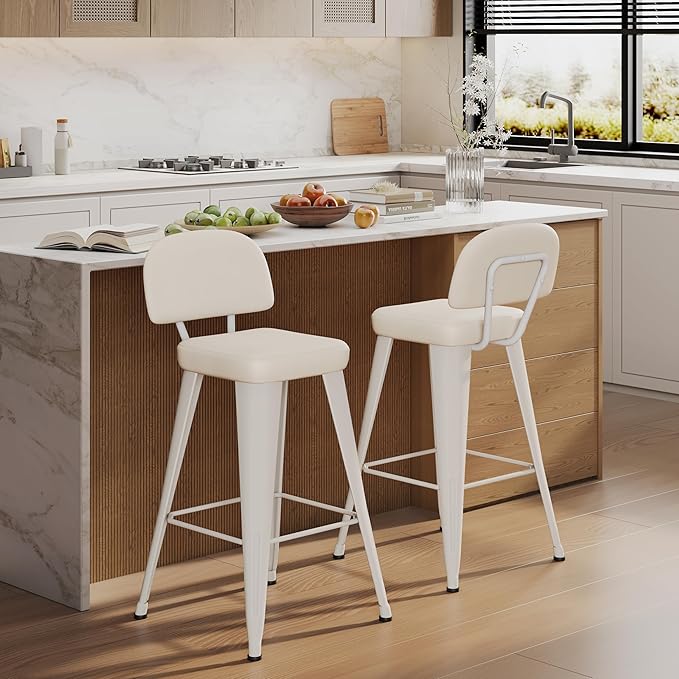 Aklaus PU Leather Metal Bar Stools 30 inch Faux Leather Bar Height Barstools Set of 2 Modern Farmhouse Bar Chairs with High Backs and Faux Leather Seat for Kitchen Island Dining Room Off White
