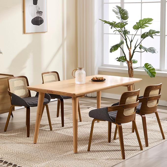 DUOMAY Modern Linen Dining Chairs Set of 4, Cane Back Room Chairs with Solid Wood Legs Kitchen Chairs for Living Room, Restaurant, Grey